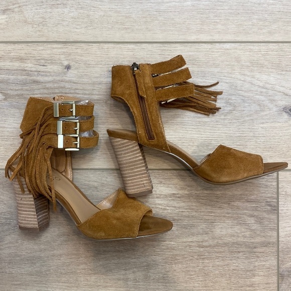 NWOT Franco Sarto Delmar Suede Fringe Stacked Block Heel‎ Western Open Toe - Picture 1 of 8